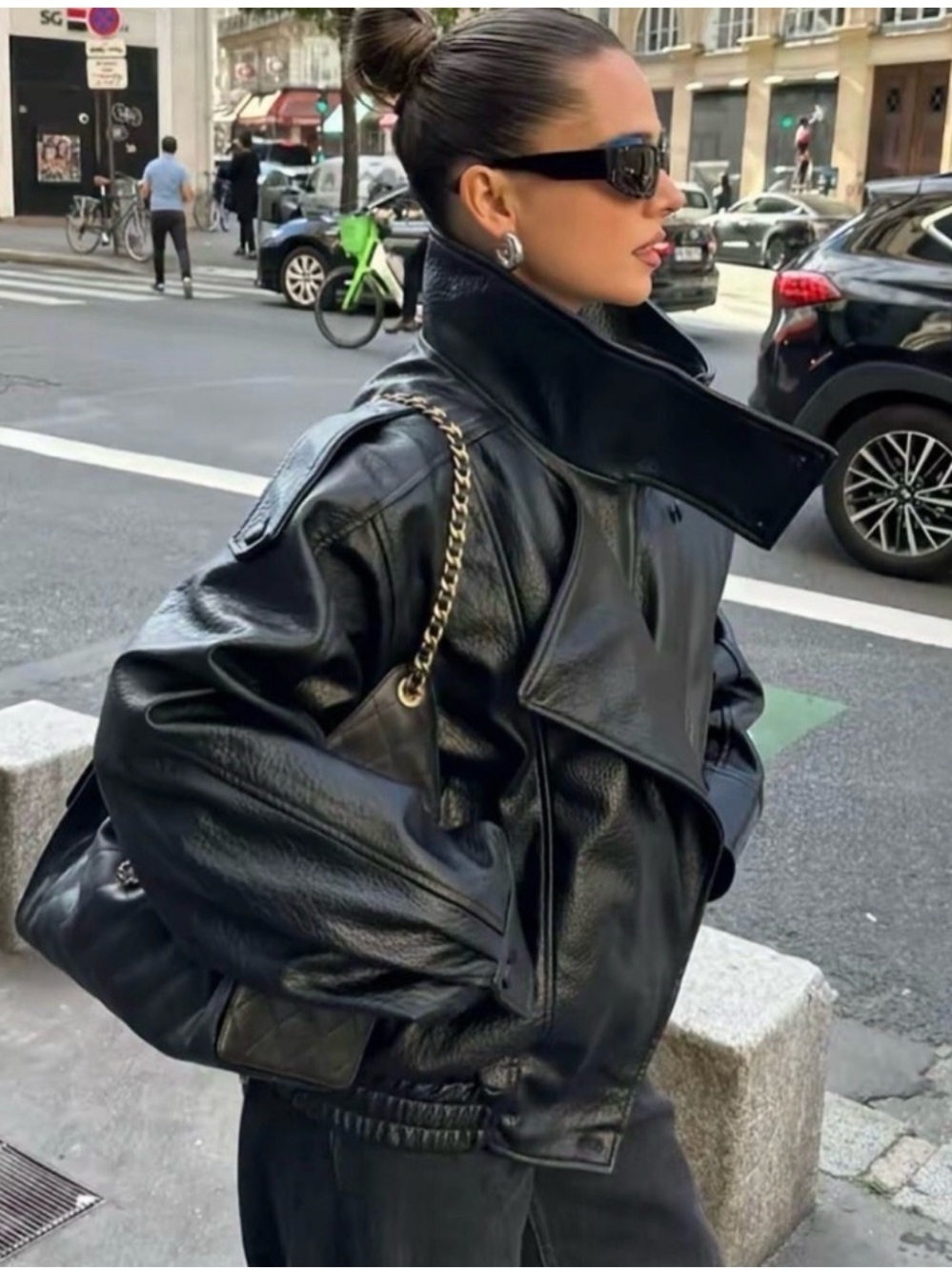 Zara Black Oversized Faux Leather Jacket with High Collar Viral Blogger